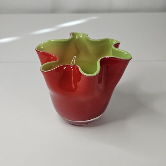60s Murano Glass Handkerchief Red Green Ruffle Vase MCM Retro Vintage Handblown - Picture 3 of 7